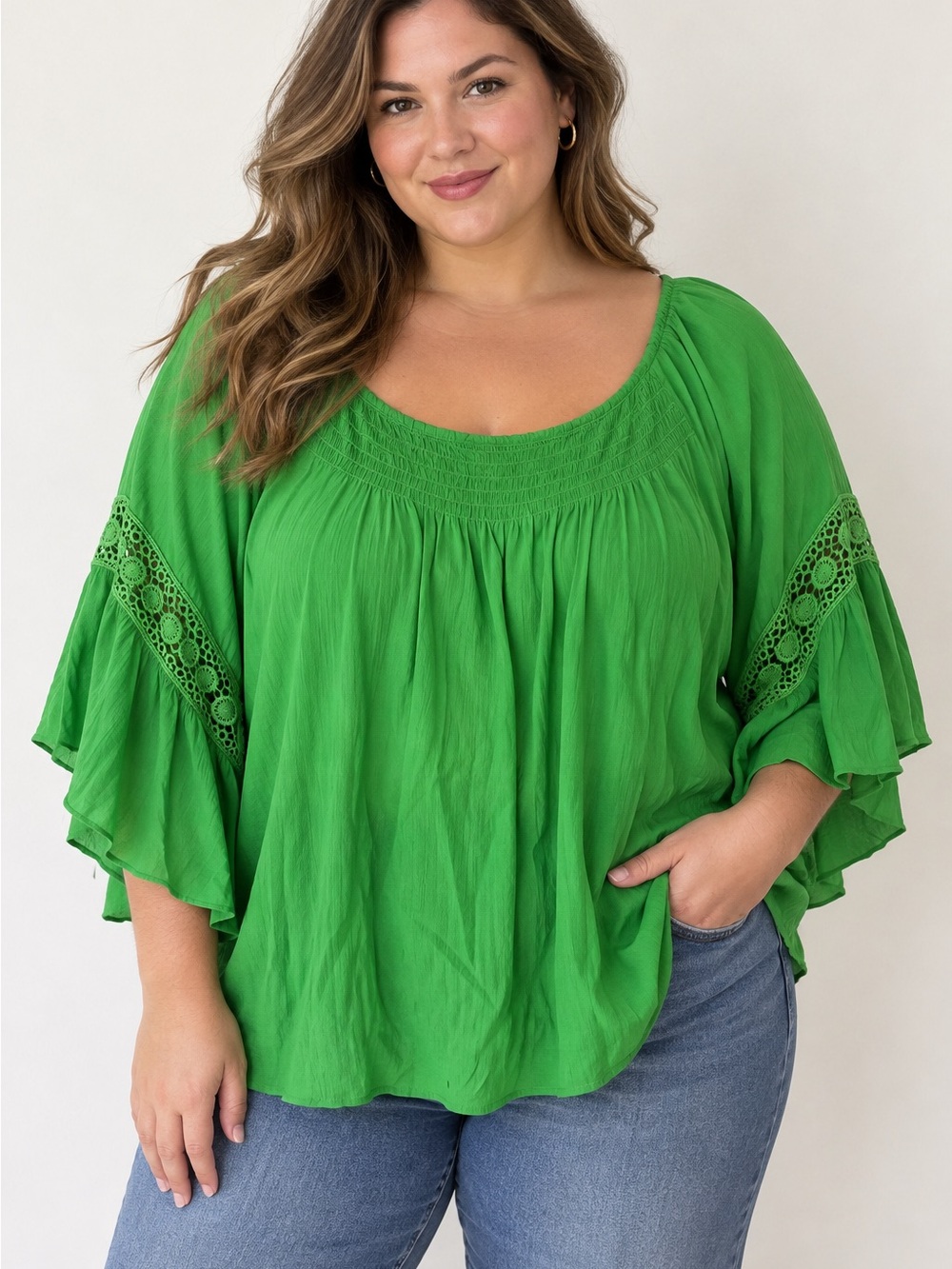 Cato Bright Green Crochet-Trim Peasant Tunic